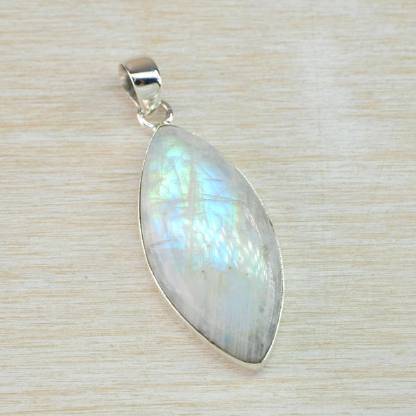 Large Silver and Marquise Rainbow Moonstone Pendant.