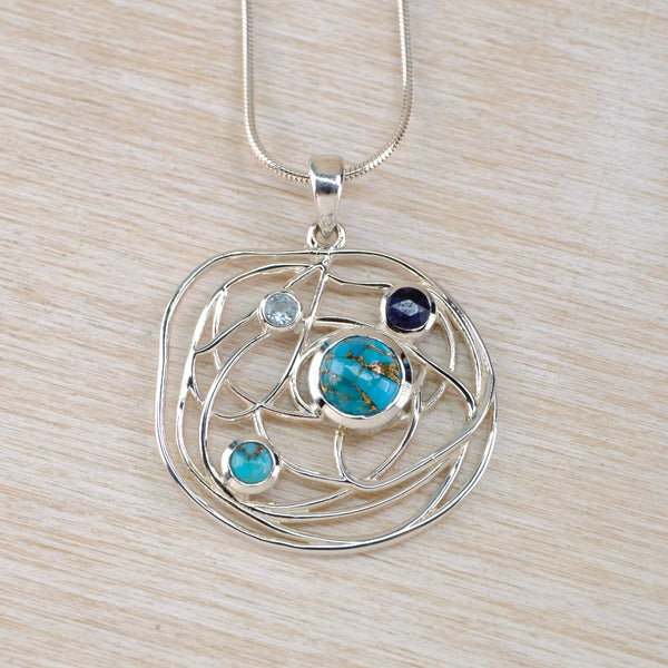 Multi Stone Silver Scribbles Pendant in Blues
