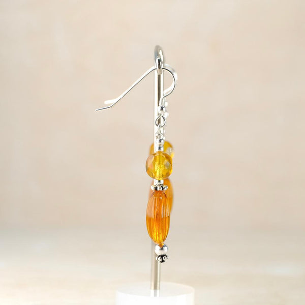 Silver and Vintage Amber Glass Bead Drop Earrings.