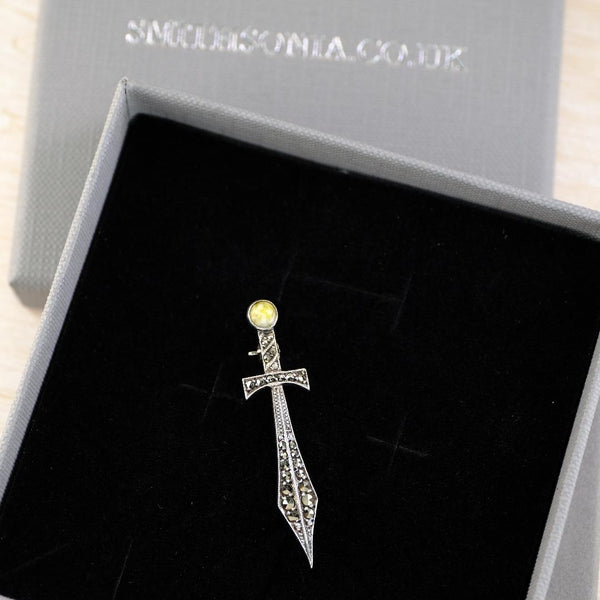 Vintage Sterling Silver and Marcasite Dagger Brooch.
