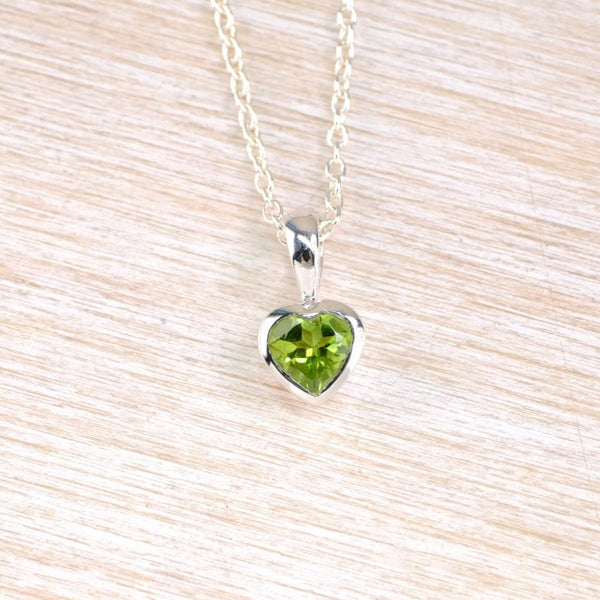 Petite Peridot Heart Pendant in Sterling Silver.