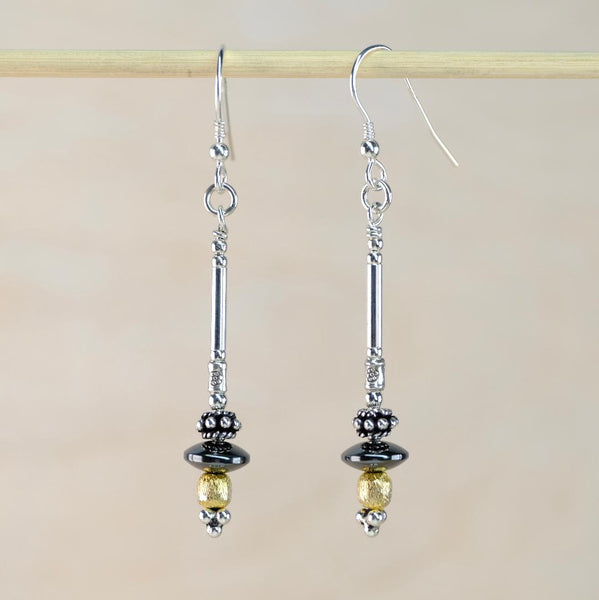 Long Silver, Gold-Plated Silver and Hematite Bead Earrings by Emily Merrix.