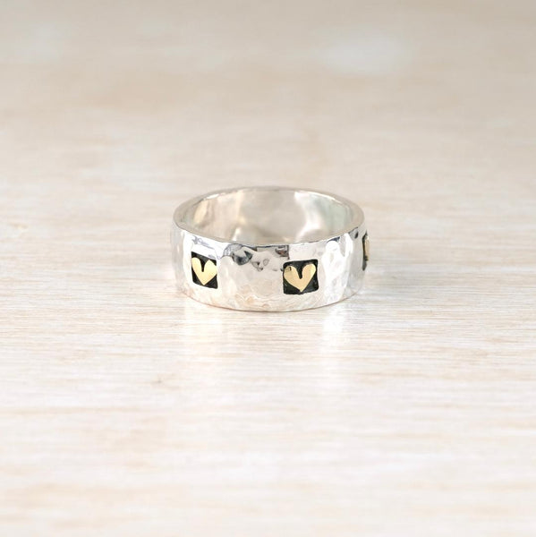 Linda Macdonald Hammered Silver Ring with Gold Hearts.
