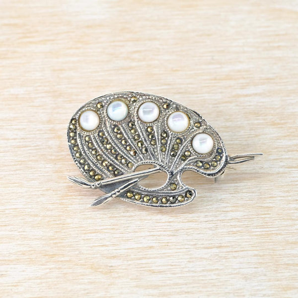 Vintage Sterling Silver and Marcasite Artist's Palette Brooch.