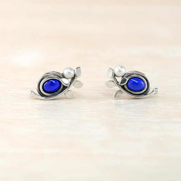 Sterling Silver Stud Earrings with Lapis and Pearl by JB Designs.