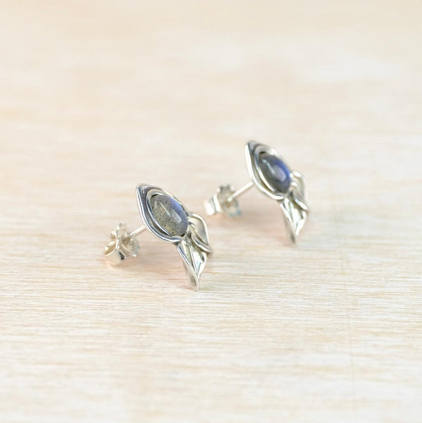 Labradorite and Sterling Silver  Leaf Design Stud Earrings.