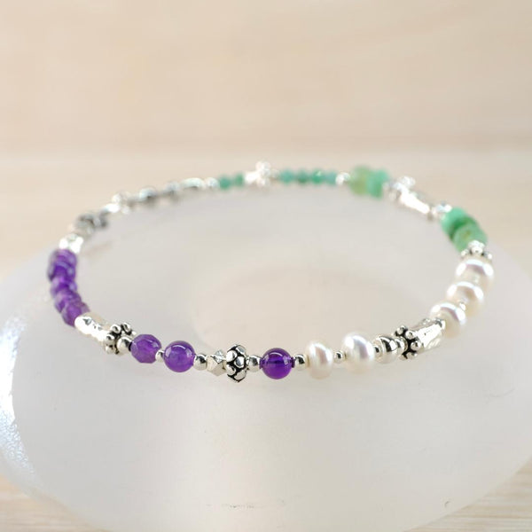 Amethyst, Fresh Water Pearl and Silver Bracelet by Emily Merrix.