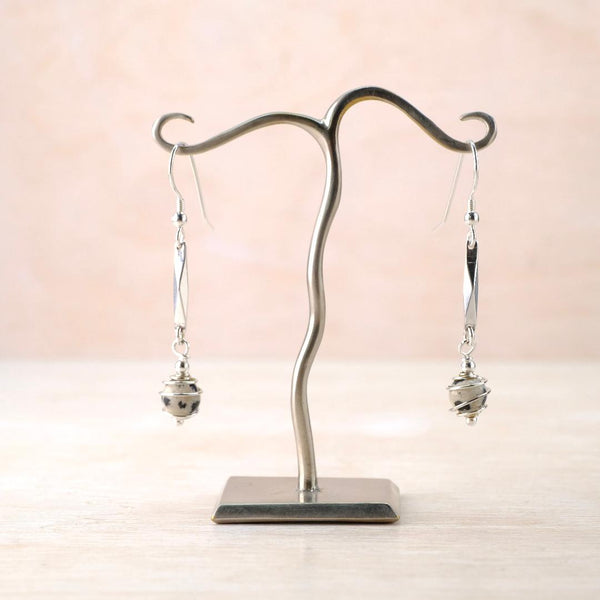Art Deco Style Spiral Earrings with Dalmatian Jasper.