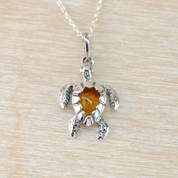 Amber and Sterling Silver Turtle Pendant Necklace.
