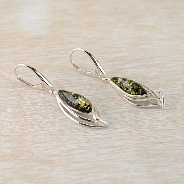 Green Amber Earrings with Sterling Silver Strands Setting.
