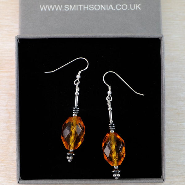 Vintage Amber Glass Bead and Silver Drop Earrings.