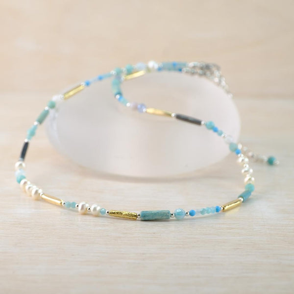 Gemstone and Sterling Silver Necklace with Amazonite,Turquoise and Pearl by Emily Merrix.
