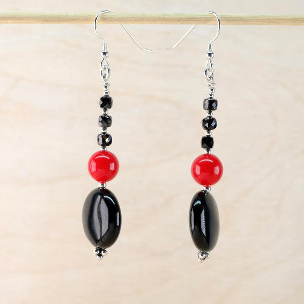 Vintage Beads with Silver, Black Onyx and Faceted Spinel Drop Earrings.