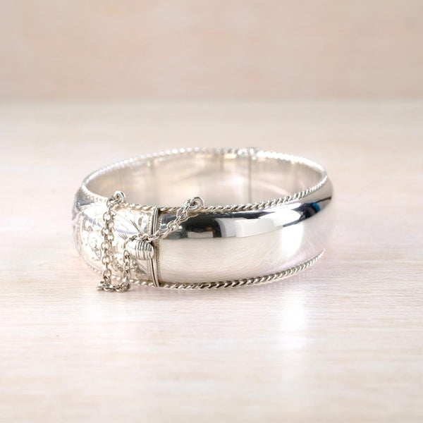 Vintage Engraved Sterling Silver Bangle Bracelet, Hallmarked Birmingham, 1960.