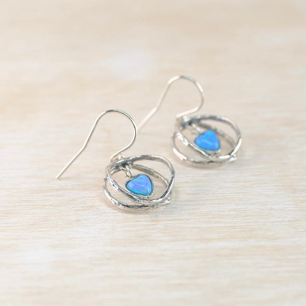 Decorative Silver Circle with Opal Heart Earrings.