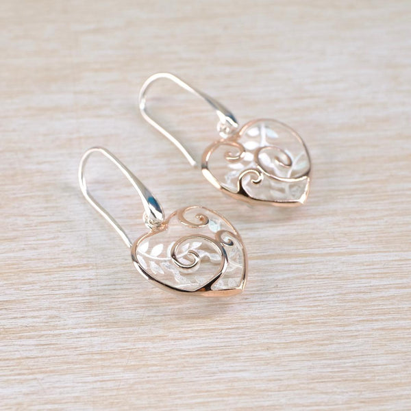 Sterling Silver Heart Drop Earrings With Rose Gold Plating by Unique and Co