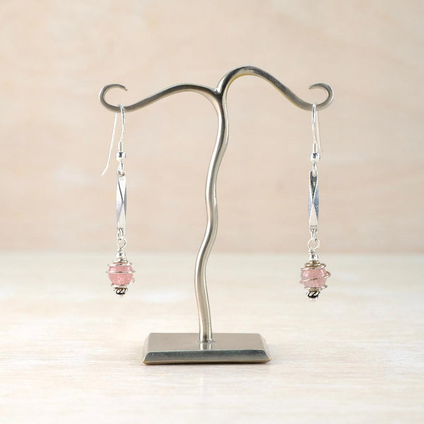 Art Deco Style Spiral Earrings with Strawberry Quartz.