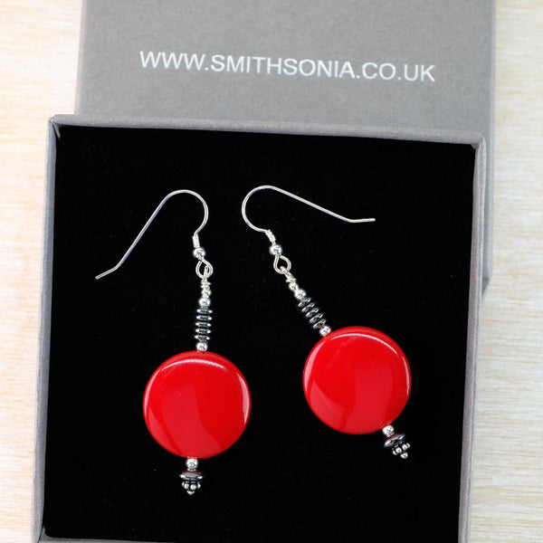 Vintage Discs with Silver and Hematite Drop Earrings.