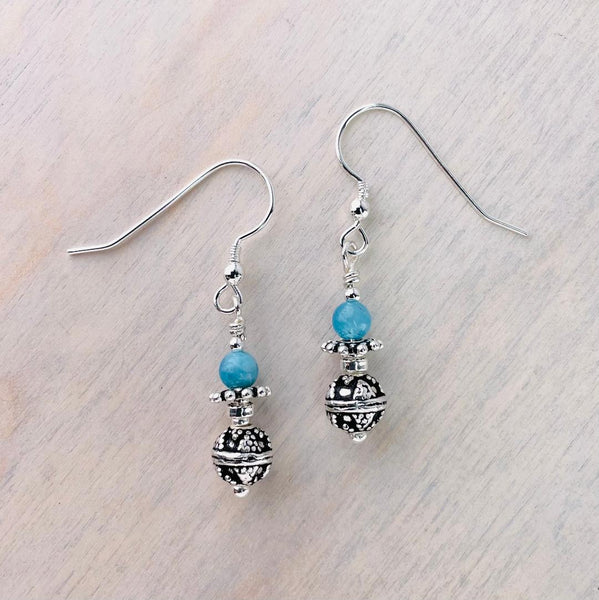 Chalcedony and Decorative Silver Bead Drop Earrings.