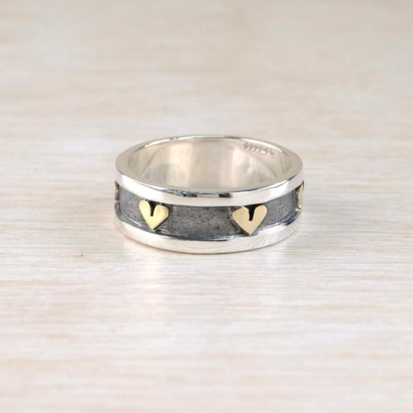 Linda Macdonald Silver Ring with Gold Hearts.