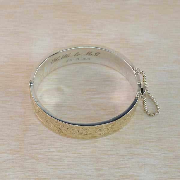 Vintage Gold on Silver Engraved Bangle Bracelet Hallmarked Birmingham 1951.
