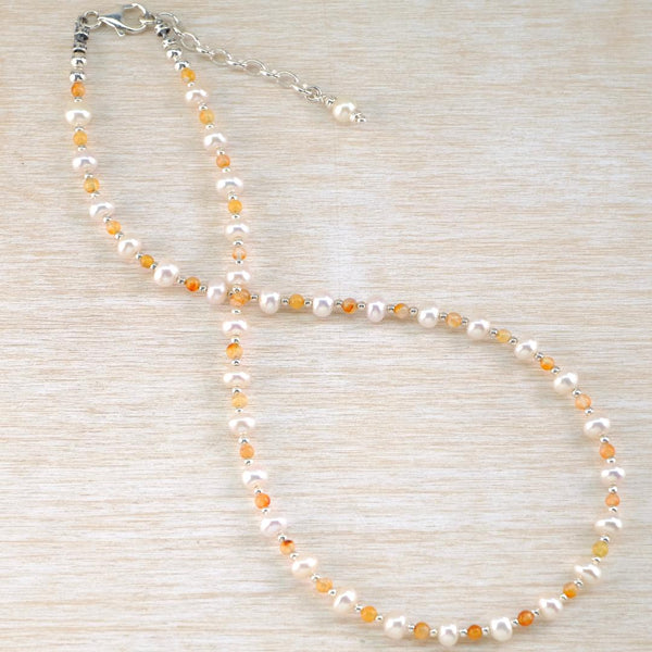 Freshwater Pearl, Carnelian and Sterling Silver Necklace by Emily Merrix.