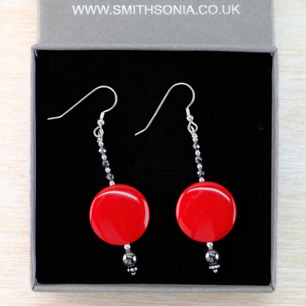 Vintage Discs with Silver and Hematite Drop Earrings.