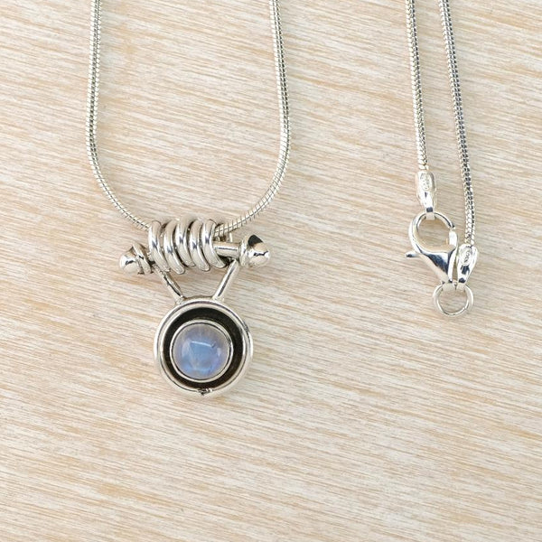 Silver necklace with a pendant on a light wood surface