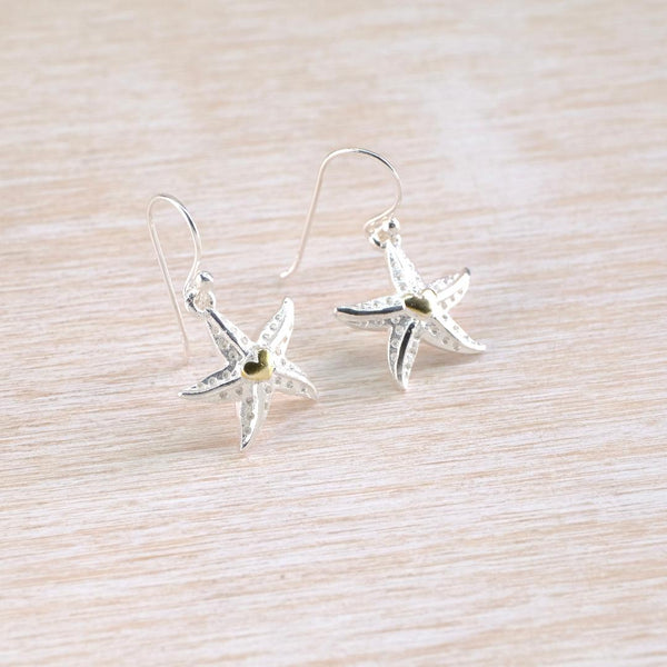 Starfish Drop Earrings in Sterling Silver With Heart Detail.