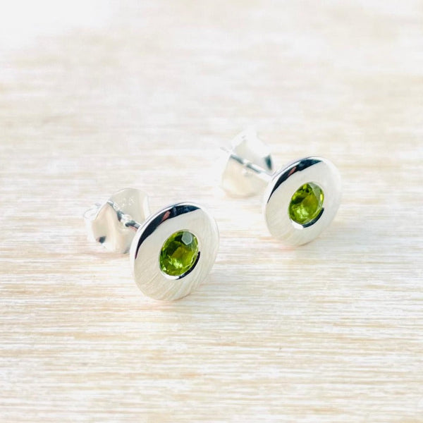Round High Polished Silver and Peridot Stud Earrings.