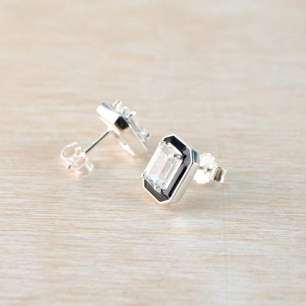 Silver, White Topaz and Enamel Stud Earrings.