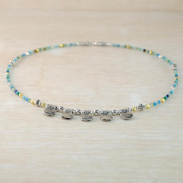 Gemstone and Silver Necklace With Silver Organic Droplets.