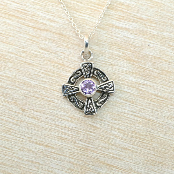 Silver Celtic Cross Pendant with Amethyst.