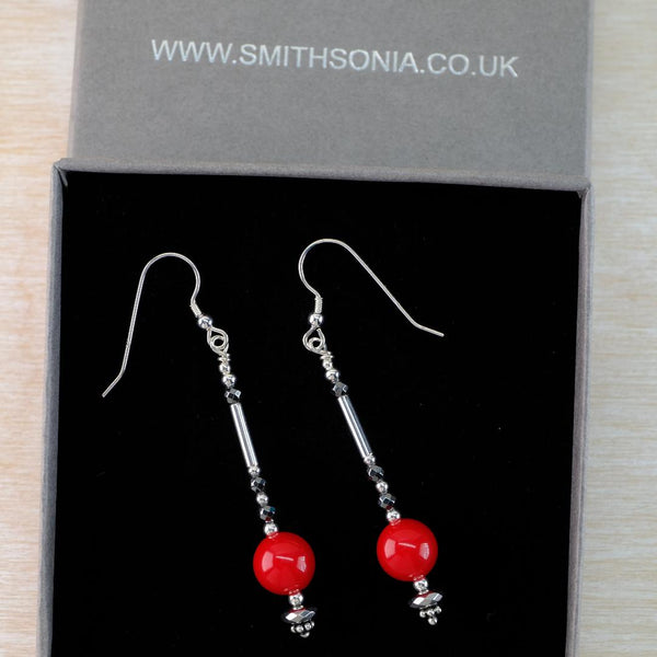 Vintage Beads with Silver and Faceted Spinel Long Drop Earrings.