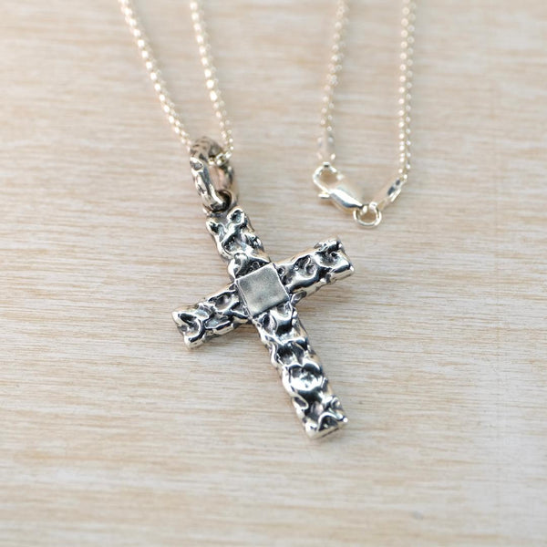 Heavy Textured Silver Cross Pendant Necklace.