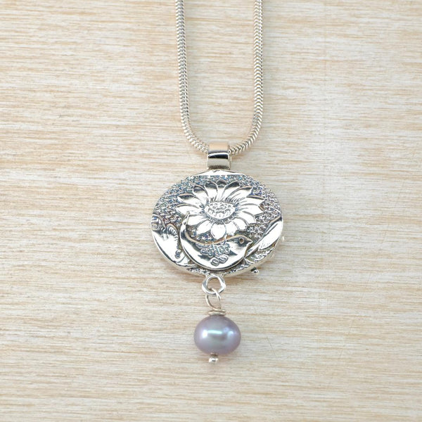 'The Birds and the Bees' Silver and Grey Pearl Pendant.