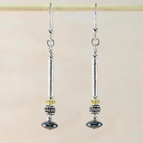 Long Silver, Gold-Plated Silver and Hematite Bead Earrings by Emily Merrix.