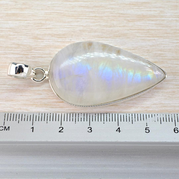 Large Silver and Inverted Teardrop Rainbow Moonstone Pendant.
