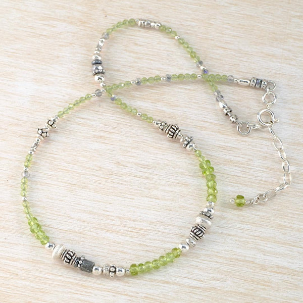 Gemstone and Silver Necklace With Peridot and Crystal.