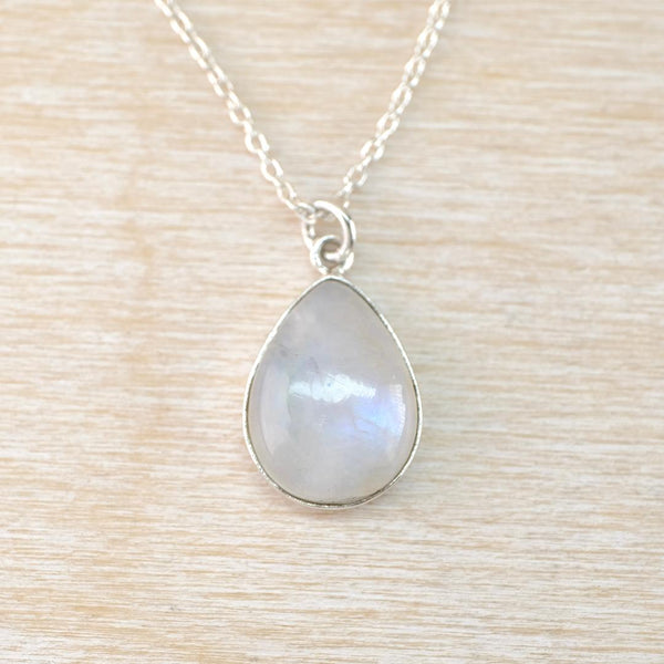 Silver and Teardrop Rainbow Moonstone Pendant Necklace.