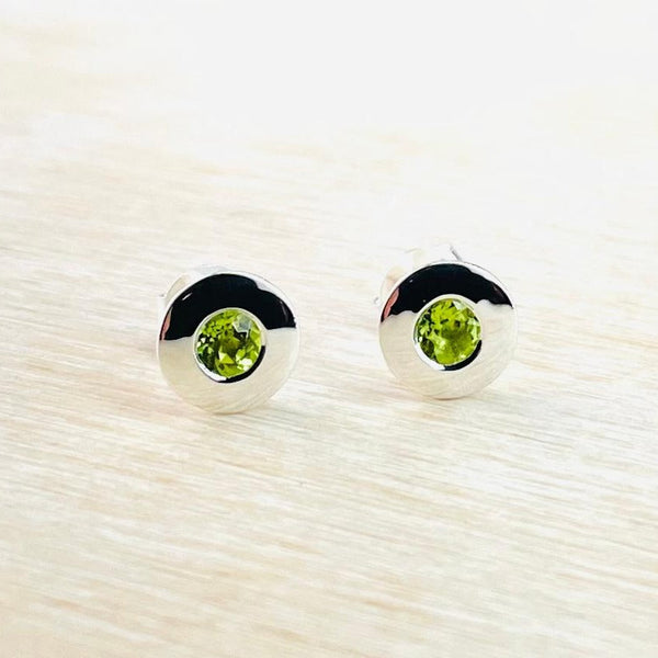 Round High Polished Silver and Peridot Stud Earrings.