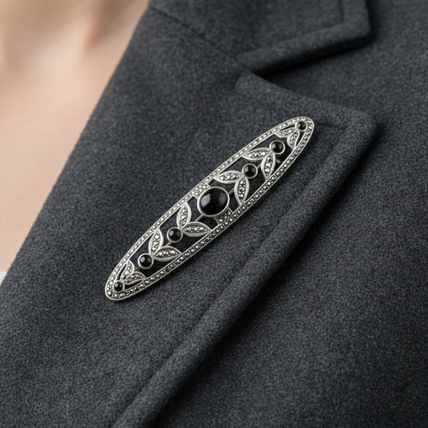 Large Vintage Sterling Silver, Marcasite and Black Onyx Brooch