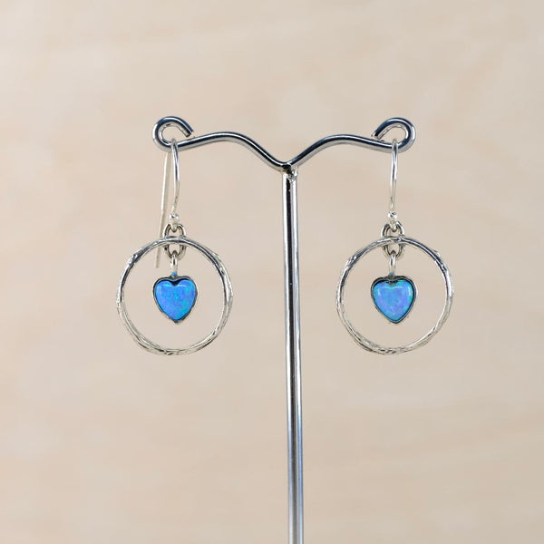 Decorative Silver Circle with Opal Heart Earrings.