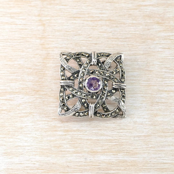 Vintage Sterling Silver and Marcasite Knot Design Brooch with Amethyst.