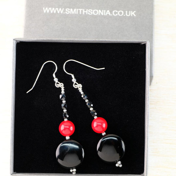 Vintage Beads with Silver, Black Onyx and Faceted Spinel Drop Earrings.
