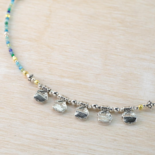 Gemstone and Silver Necklace With Silver Organic Droplets.