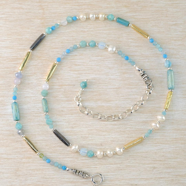 Gemstone and Sterling Silver Necklace with Amazonite,Turquoise and Pearl by Emily Merrix.