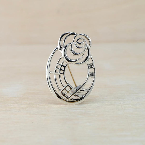 Oval Vintage Sterling Silver Mackintosh Rose Brooch.