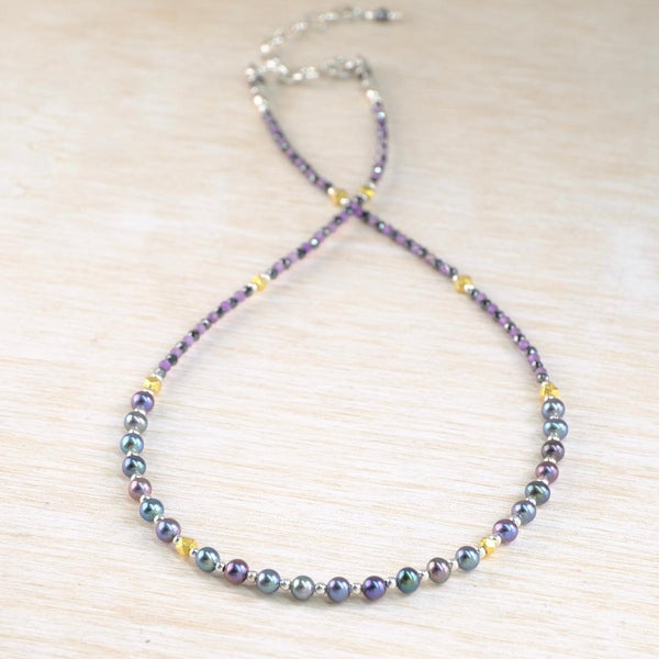 Gemstone and Silver Necklace With Amethyst, Freshwater Pearl and Spinel.