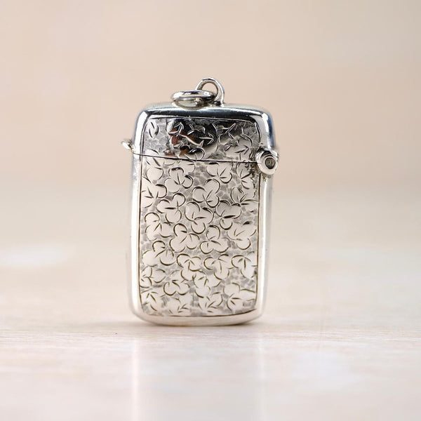 Silver vesta case with intricate design, a hinged lid and bale at top centre.